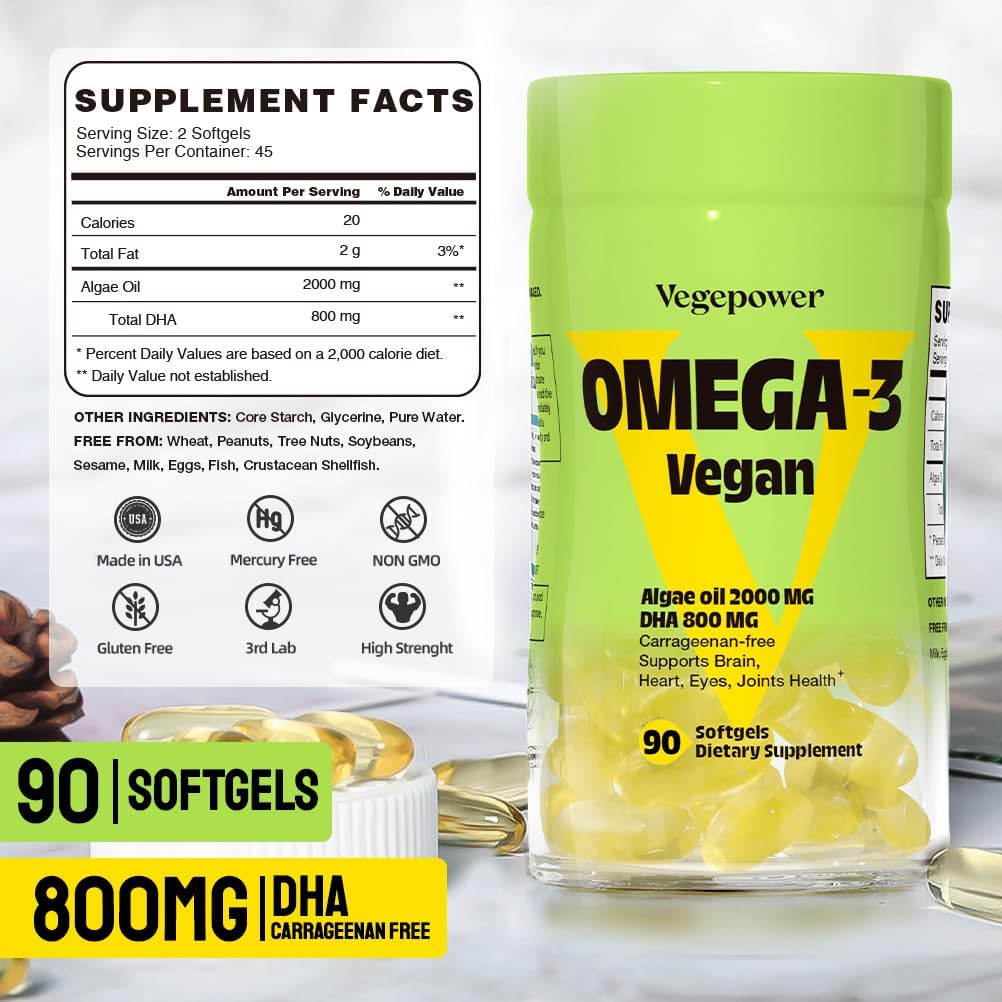 Vegan Omega-3 DHA Supplements - Premium Fish Oil Alternative from Algae Oil | 90 Carrageenan Free Softgels | Plant Based Algal DHA Essential Fatty Acids, Non-GMO (Algae, 90 Count (Pack of 1))