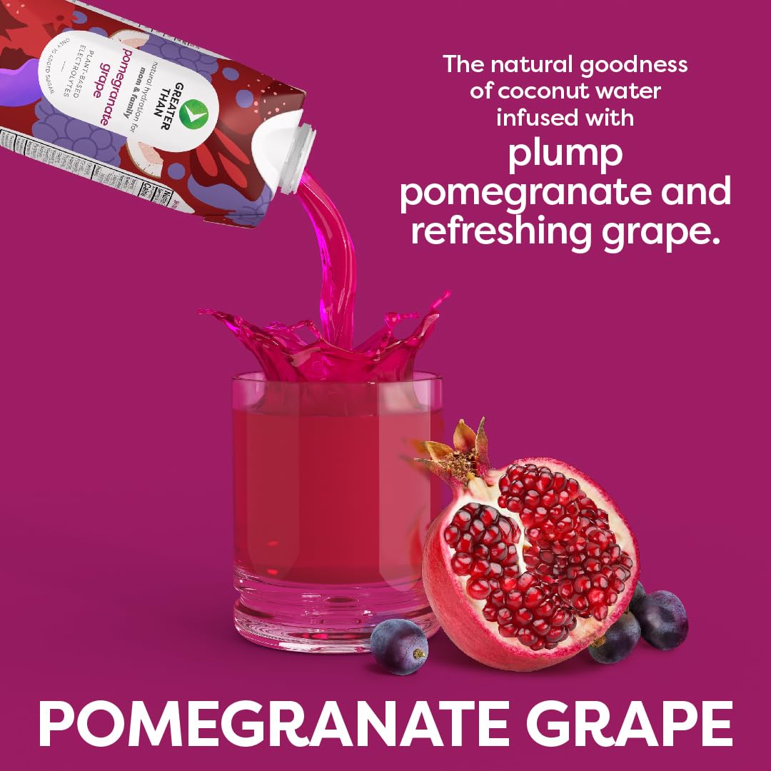 Greater Than Nutrient Hydration Beverage, Electrolyte Drink for Gut Health & Energy with Coconut Water, Vitamins, Gluten Free, Plant Based, Low Sugar, Pomegranate Grape, 24 Pack