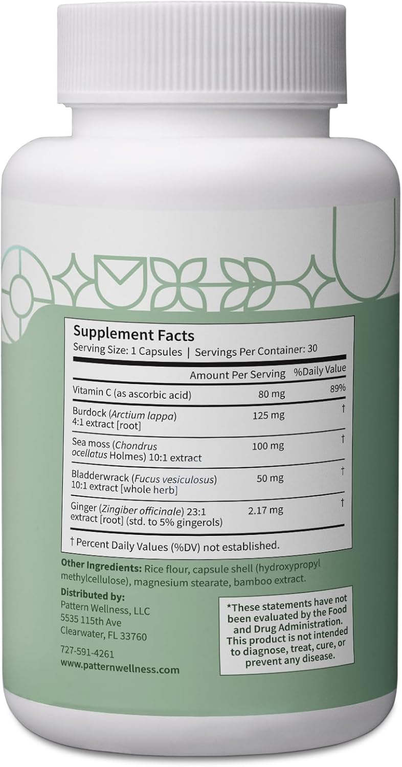 Pattern Wellness Sea Moss Complex - Organic Sea Moss, Burdock Root, Bladderwrack, Vitamin C, & Ginger Capsules - Immune Support, Digestive Health, Energy Support - Vegan, Non-GMO - 30 Capsules