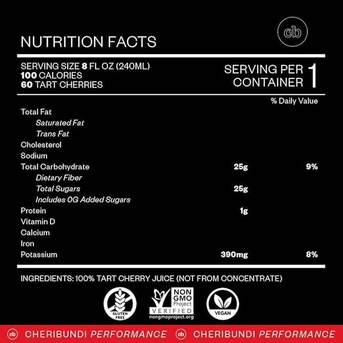 Cheribundi 100% Tart Cherry Juice Pure | Unsweetened Tart Cherry Juice | Athletes Recovery Drink | Promotes Restorative Sleep, Muscle Recovery & Boosts Athletic Performance | 8 floz (24 Pack)