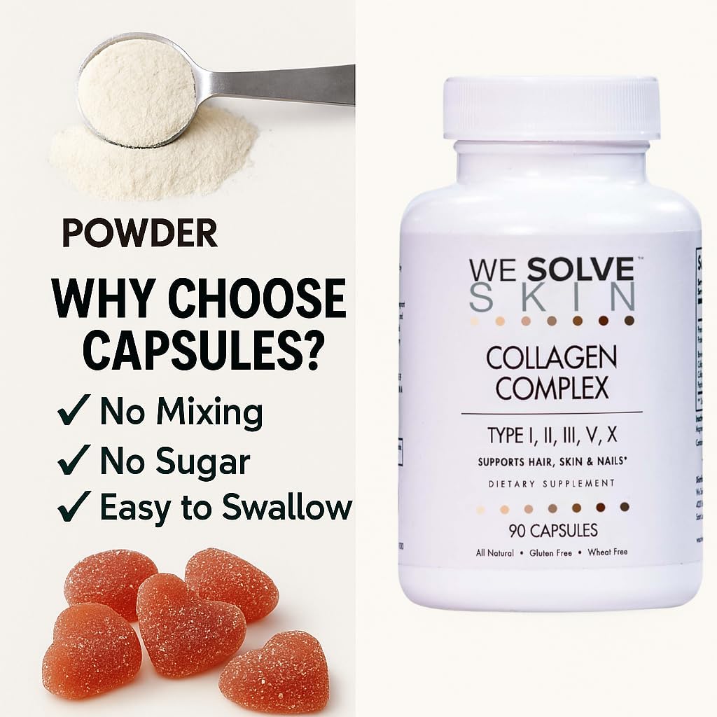 Multi Collagen Peptides Pills for Women & Men – Types I, II, III, V, X – Hydrolyzed Marine & Chicken Collagen – Bovine Collagen I & III – Hair, Skin, Nails, Joints & Bones – Gluten-Free – 90 Capsules