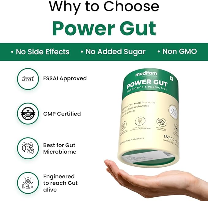 Power Gut - Prebiotics & Probiotics Supplement Constipation, Bloating, Gas & Acidity Relief Clinically Proven Strain 60 Sachet (Pack of 2)