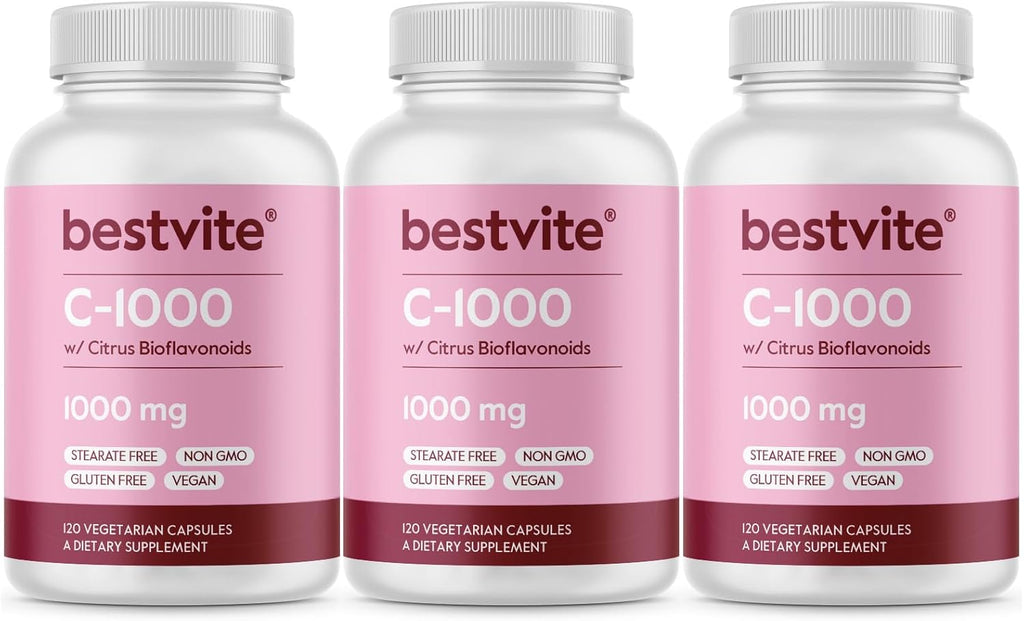 BESTVITE Vitamin C 1000mg (360 Vegetarian Capsules) (120 x 3) with Citrus Bioflavinoids - No Stearates - Vegan - Non GMO - Gluten Free