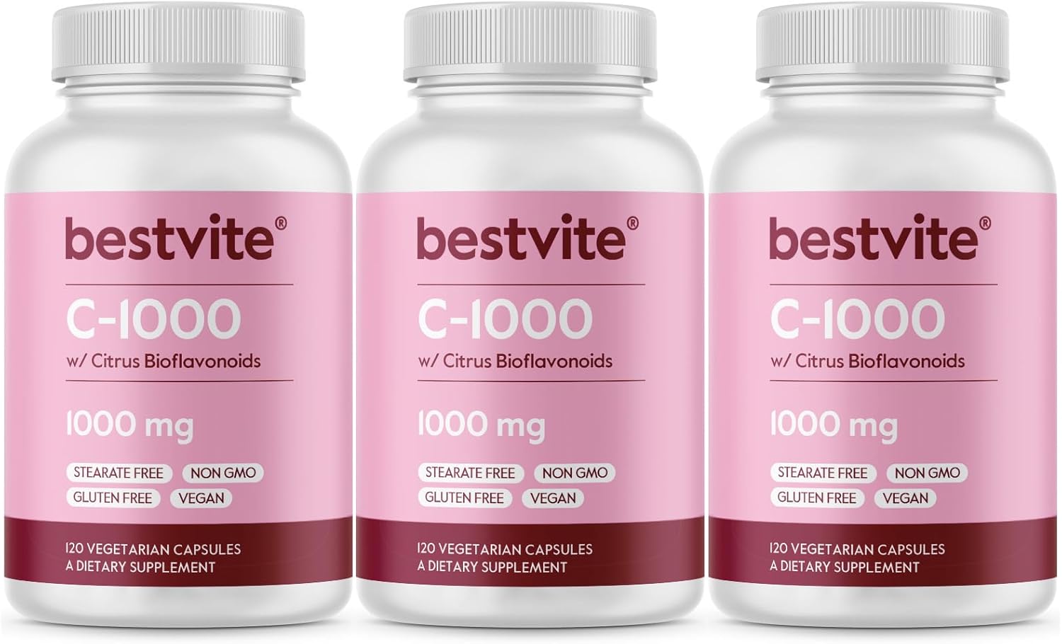 BESTVITE Vitamin C 1000mg (360 Vegetarian Capsules) (120 x 3) with Citrus Bioflavinoids - No Stearates - Vegan - Non GMO - Gluten Free