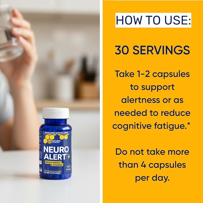 NATURAL STACKS NeuroAlert - 200mg Paraxanthine Energy Supplement - Caffeine Free Focus w/ 500mg L-Tyrosine & 100mg L-Theanine - 10mg NADH for Cellular Energy Support - 60 Paraxanthine Capsules