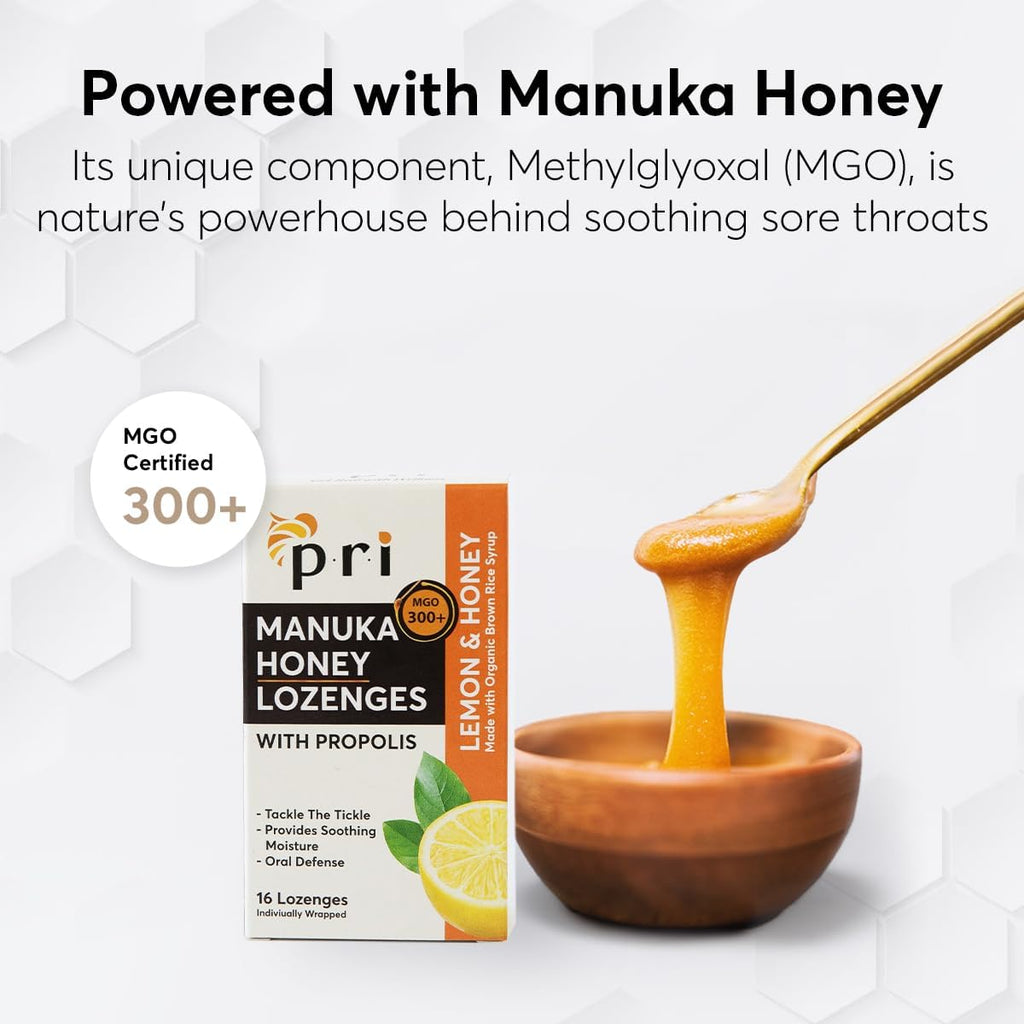 P.R.I Manuka Honey Lozenges with Propolis, Soothing Cough and Throat Drops, MGO 300+ Certified, (Lemon, 16 Count/2 Pack)