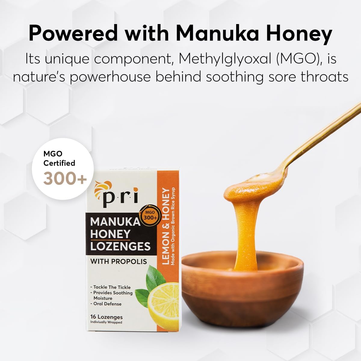 P.R.I Manuka Honey Lozenges with Propolis, Soothing Cough and Throat Drops, MGO 300+ Certified, (Lemon, 16 Count/2 Pack)