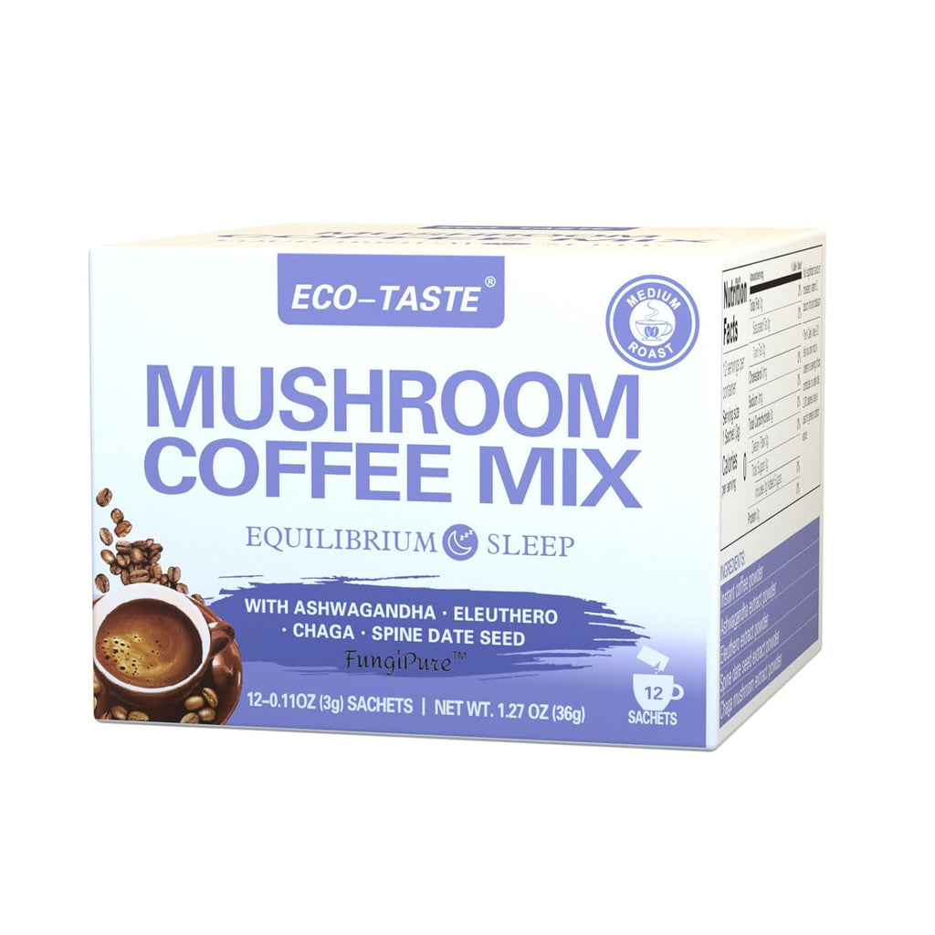 ECO-TASTE Mushroom Coffee Mix, Designed for Balance with Ashwagandha, Eleuthero, Chaga, Spine date seed – 12 Sachets