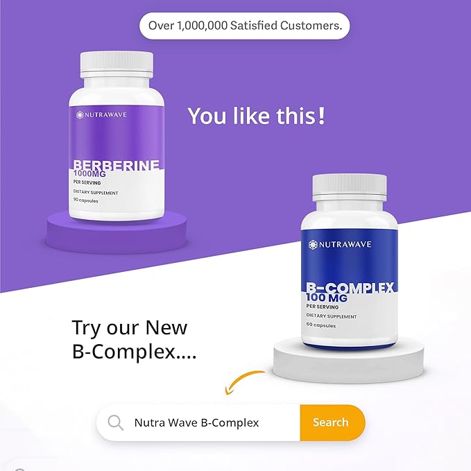 Nutrawave Pure Berberine Maximum Potency - 1000mg Per Serving - 2 Capsules 500mg Each - Supports Blood Sugar Levels, Healthy Lipid (Fat) and Glucose Metabolism - Non-GMO, Vegan - 2 Pack