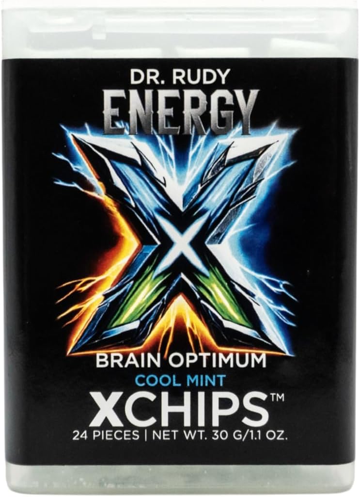 Dr. Rudy Energy XChips™ Mint – Clean Energy & Focus – Natural Caffeine + L-Theanine + B12 – Birchwood Xylitol for Oral Health – Fast-Dissolving Mint Cubes – 2 Pack
