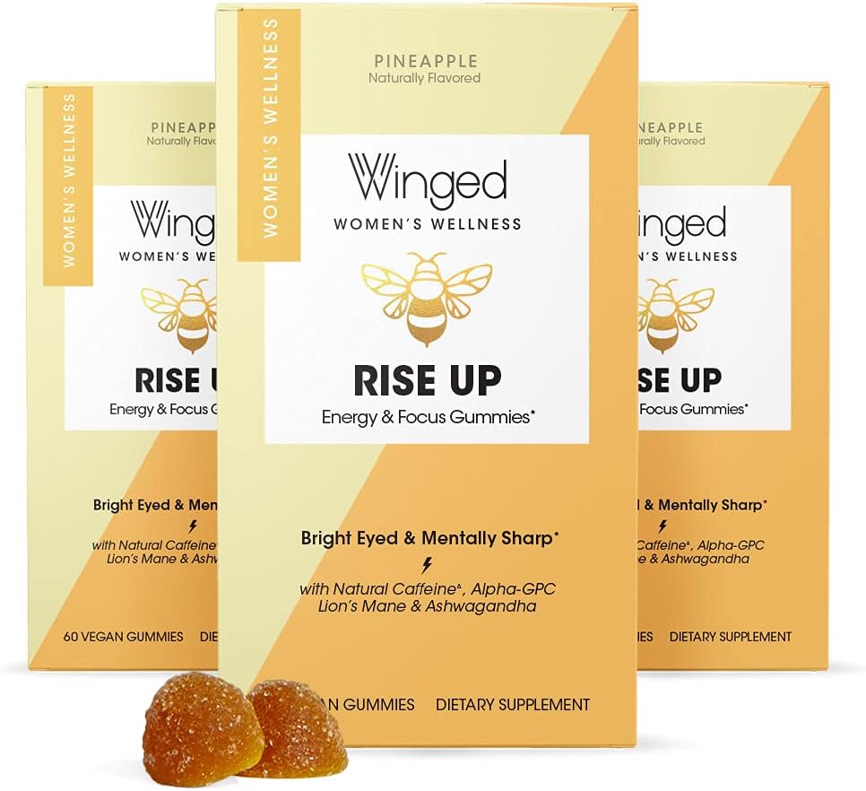 Winged Rise Up Gummies | Energy & Brain Boost Supplement | Natural Caffeine, Ashwagandha & B12 for Energy | Nootropics Alpha-GPC, Lion’s Mane & Huperzine A for Focus | Pineapple Flavor (90 Servings)