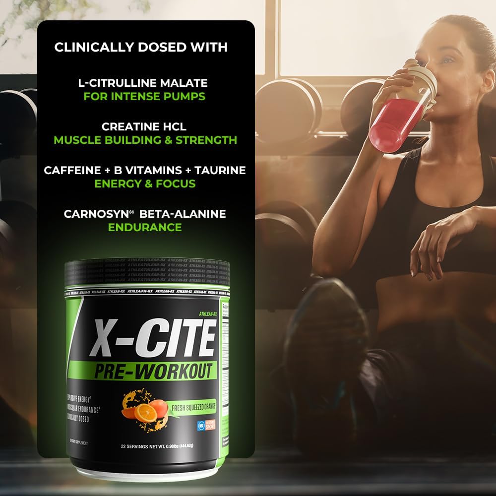 X-CITE Pre-Workout by ATHLEAN-X - Enhanced Formula with Beta-Alanine, Creatine & Caffeine for Energy, Endurance, Focus & Muscle Pump, NSF Certified for Sports (22 Servings, Fresh Squeezed Orange)