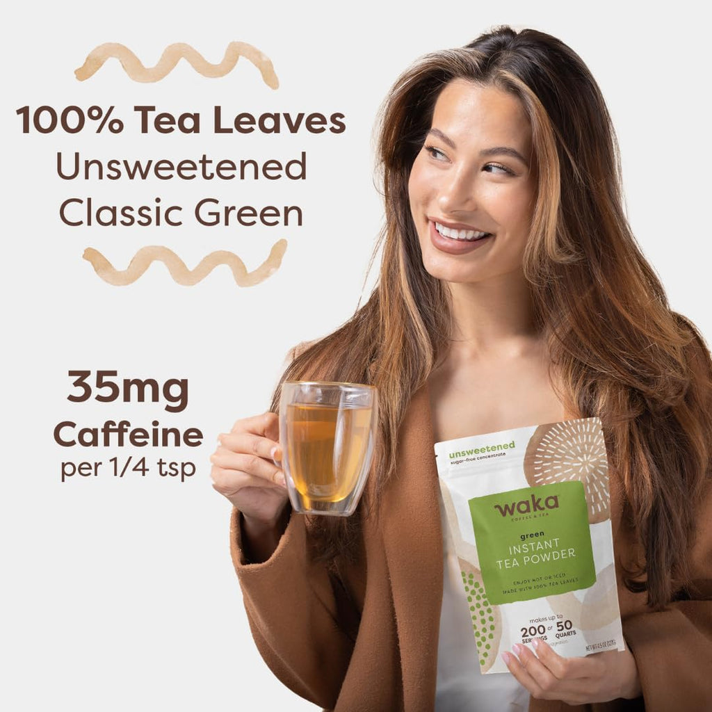 Waka Instant Green Tea Mix, Classic - 100% Tea Leaves, No Additives, Unsweetened Tea Powder for 50 Quarts or 200 Cups – Easy Quick Hot and Iced Teas (4.5oz)