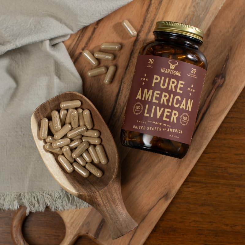 HEART & SOIL – American Liver Supplement – 3000mg Grass-Fed Beef Liver, Rich in Vitamin A, B12, Iron & Peptides – Non-GMO, Allergen-Free – 180 Capsules