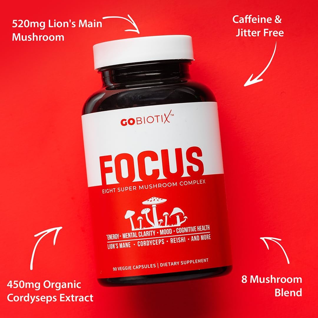 GOBIOTIX Focus Lions Mane Supplement - Mushroom Complex - Nootropics Adaptogen Vitamins - Memory, Clarity, Energy, Immune Support, Cordyceps, Reishi, Chaga, and Maitake - 90 Capsules