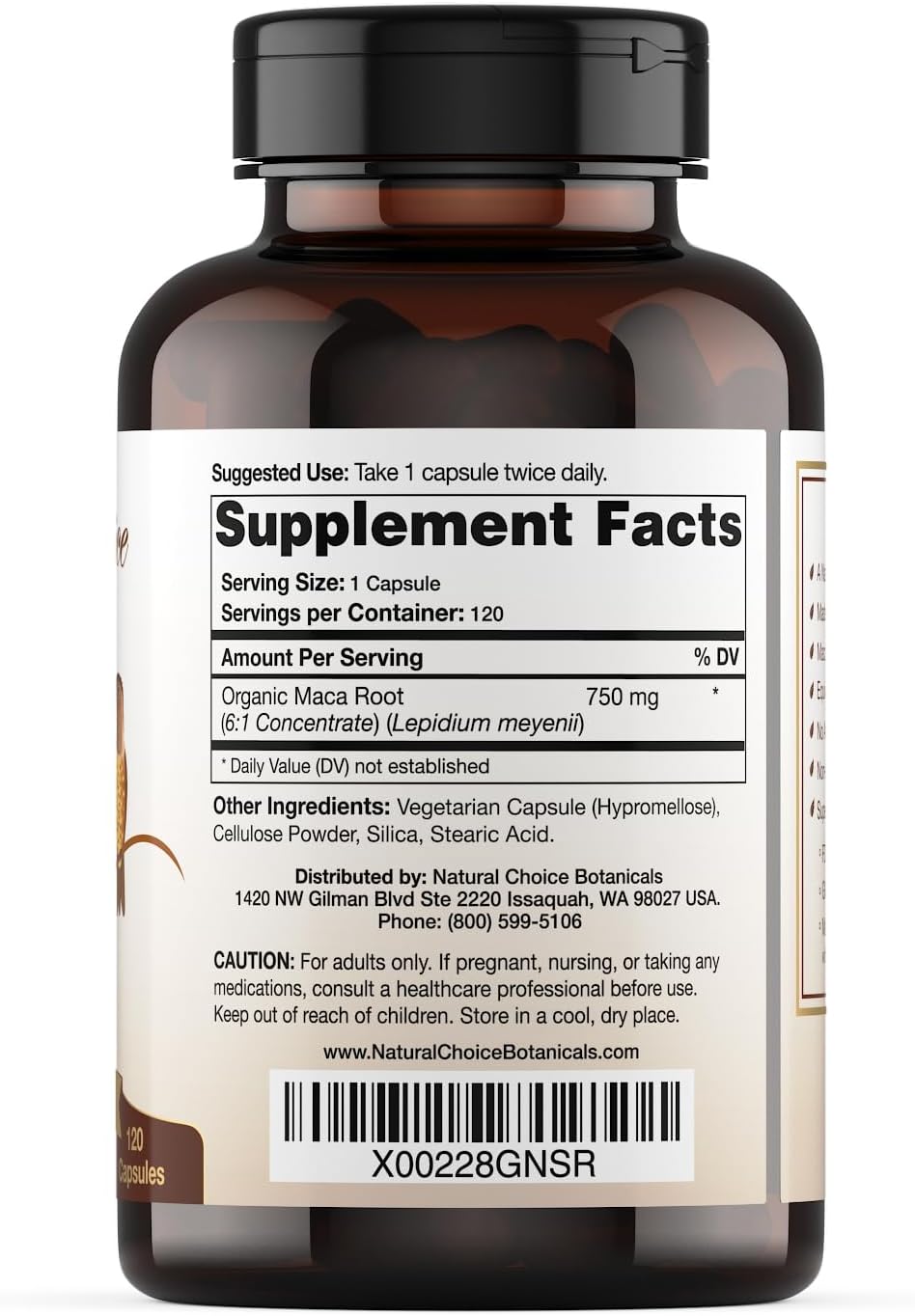 Organic Maca Root Capsules (High Potency), Non-GMO Verified Supplement - 120 Capsules, 2 Month Supply