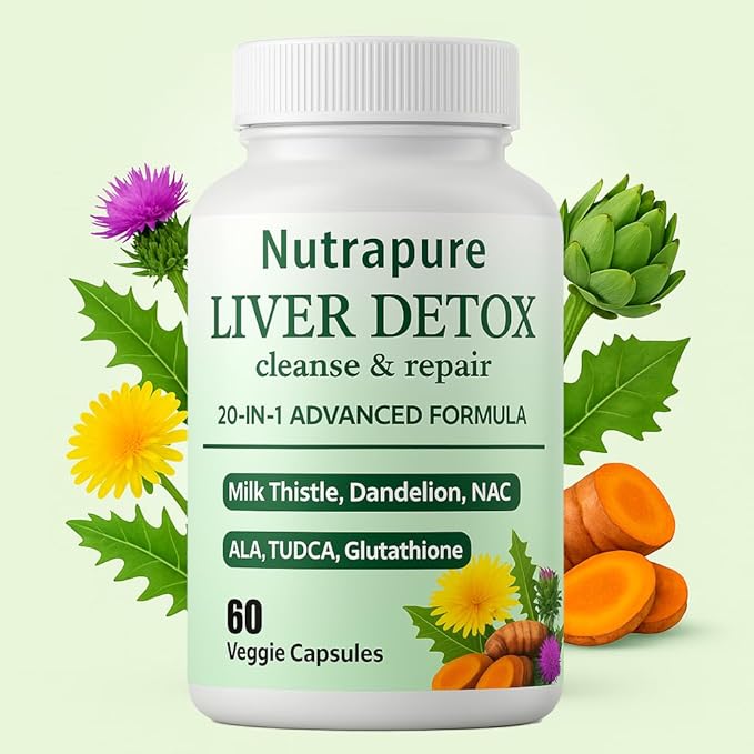 Nutrapure Liver Detox Capsules, 20-in-1 Liverdetox 60 Veggie Capsules Supplement with Milk Thistle, Liver Cleanse Detox & Repair, Liverhealth Formula