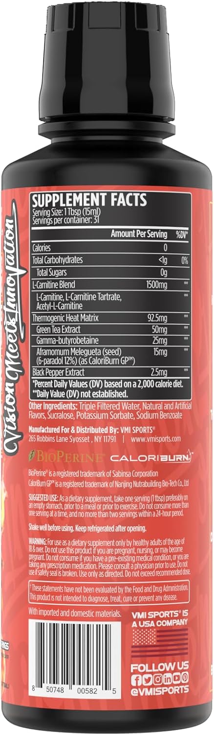 VMI Sports L-Carnitine 1500 Heat Stimulant Free Thermogenic Metabolic Support & Fat Loss for Men & Women | 1500mg L-Carnitine | Convenient Liquid (Peach Mango)
