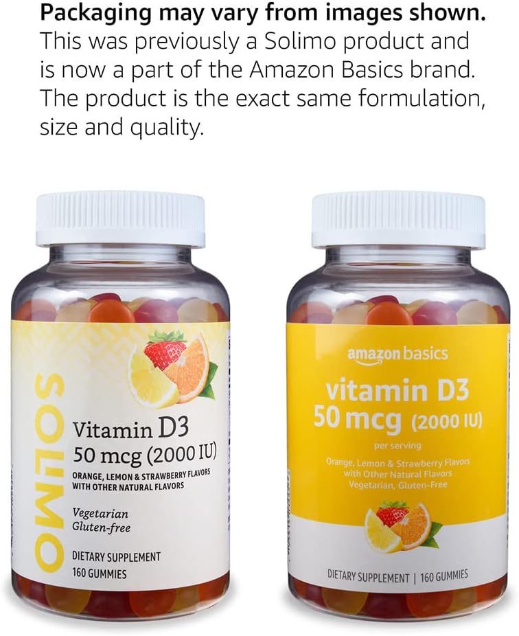 Amazon Basics Vitamin D3 2000 IU Gummies, Orange, Lemon & Strawberry, 160 Count (2 per Serving) (Previously Solimo) (Pack of 2)