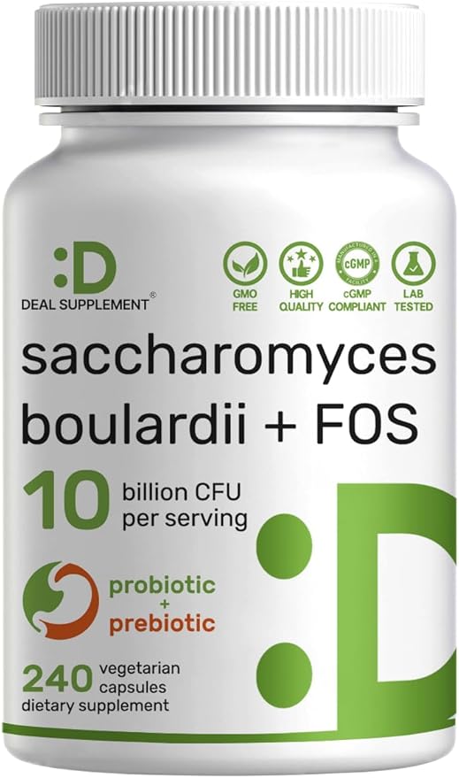Saccharomyces Boulardii Probiotics + FOS Supplement, 10 Billion CFU, 240 Veggie Capsules – Probiotic & Prebiotic for Women & Men – Gut, Immune & Digestive Health Support – Non-GMO