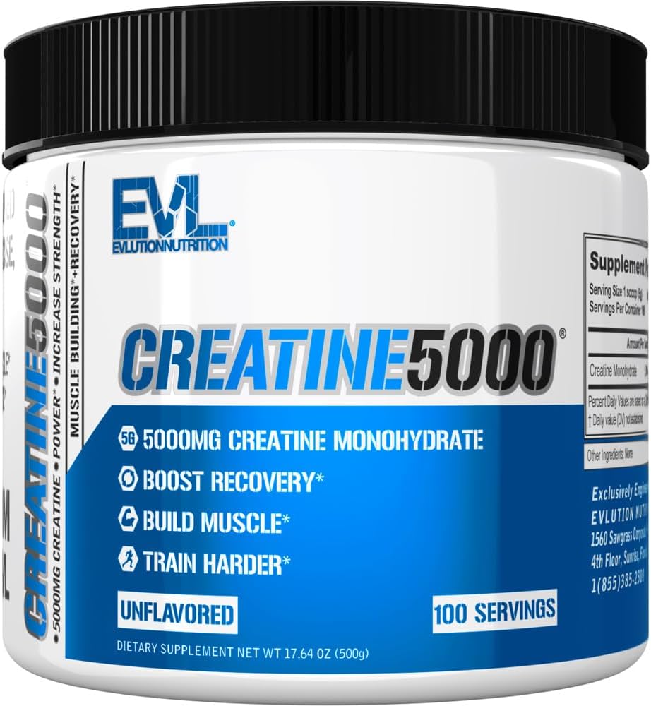 Evlution Nutrition Creatine 5000 - Supports Faster Recovery, Lean Muscle Growth & Performance - Pre & Post Workout Powder - 5000mg Pure Creatine Monohydrate Per Serving - 100 Servings - Unflavored