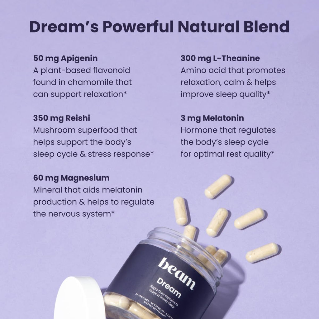 Beam Dream Sleep Capsules, L-Theanine, Apigenin, Reishi and Magnesium, Third Party Tested Natural Sleep Aid & Sleep Supplement for Deep Sleep, Relaxation and Recovery, Sleep Support, 30 Servings
