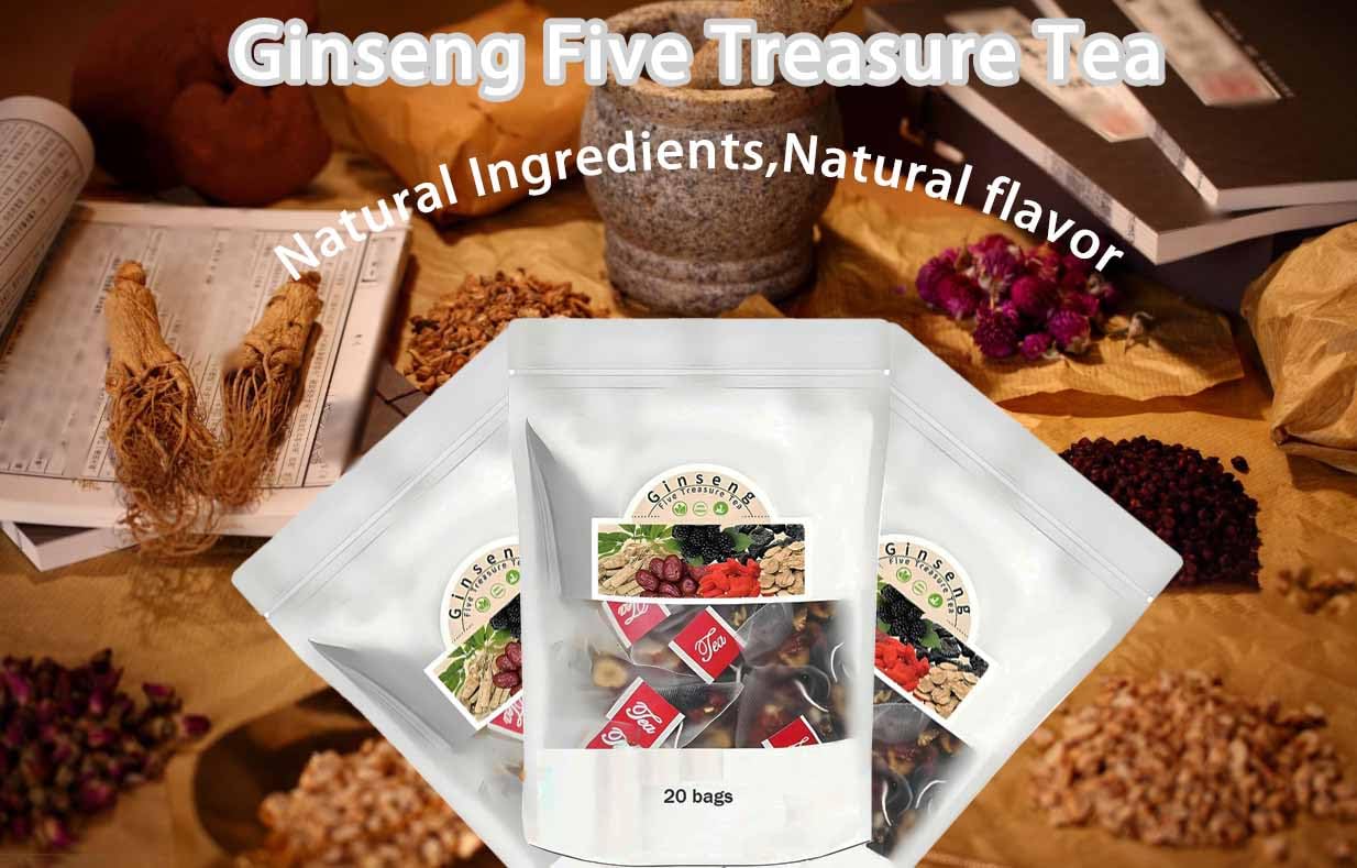 Ginseng Five Treasures Tea Kidney Tea, Ginseng & Mulberry Herbal Teas, Kidney Cleanse Detox Beverage for Women & Men, Nnatural Ingredients Sweet Taste and Aroma 20bags