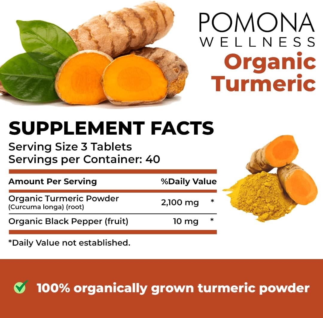 Pomona Wellness Organic Turmeric Supplement 2100 mg, USDA Organic, Non-GMO, Vegan, Turmeric Curcumin with Black Pepper for Absorption, for Joint Support and Immunity, 120 Tablets