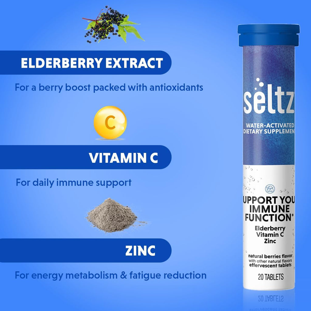 Seltz® Support Your Immune Function – Effervescent Vitamins with Vitamin C, Elderberry & Zinc for Daily Immune Support – Berries Flavor, 20 Tablets (Pack of 1)