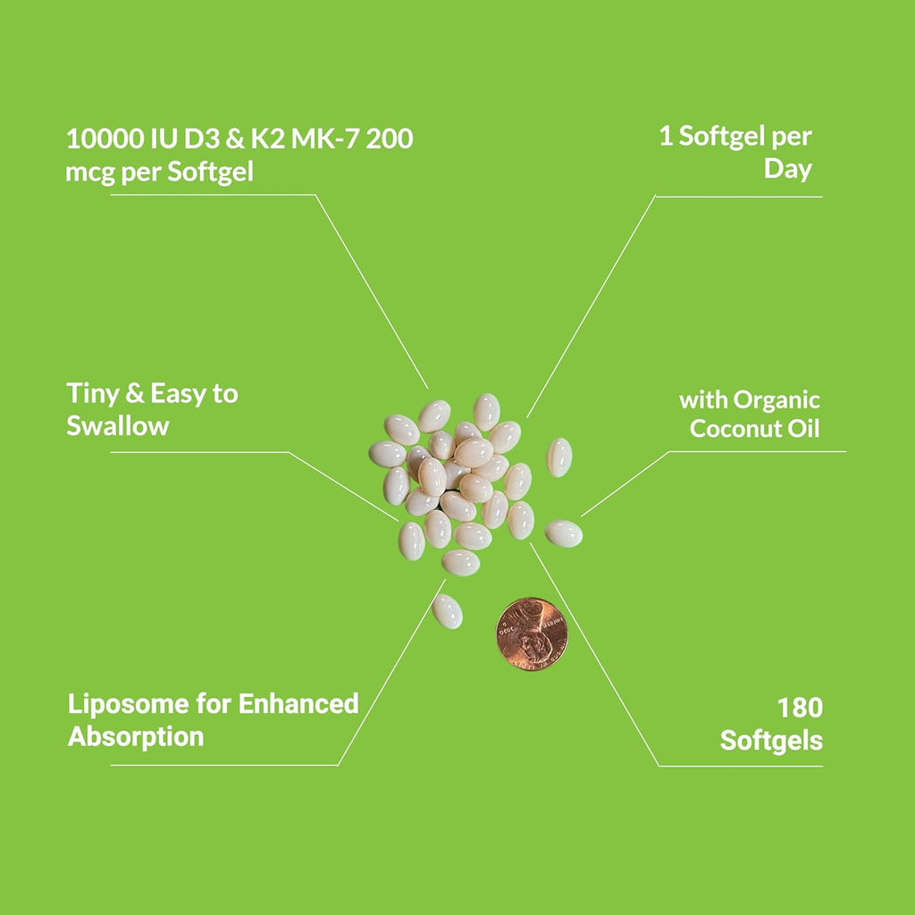 UpNourish Liposomal D3 K2 Vitamin 10000 IU D3 and K2 MK-7 200 mcg - 180 Vitamin D3 k2 (Vitamina D3 con K2) Mini Softgels - Easy to Swallow K2 D3 Vitamin