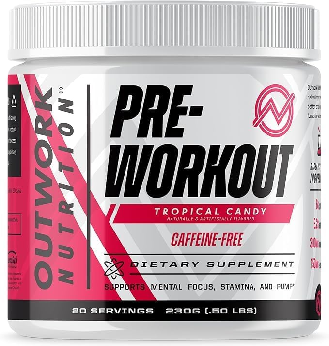 Outwork Nutrition Non-Stim Pre Workout Powder - Citrulline Malate, Beta-Alanine, Rhodiola Extract for Performance, Focus & Energy Boost - Preworkout for Men, Women (Caffeine Free, Tropical Candy)