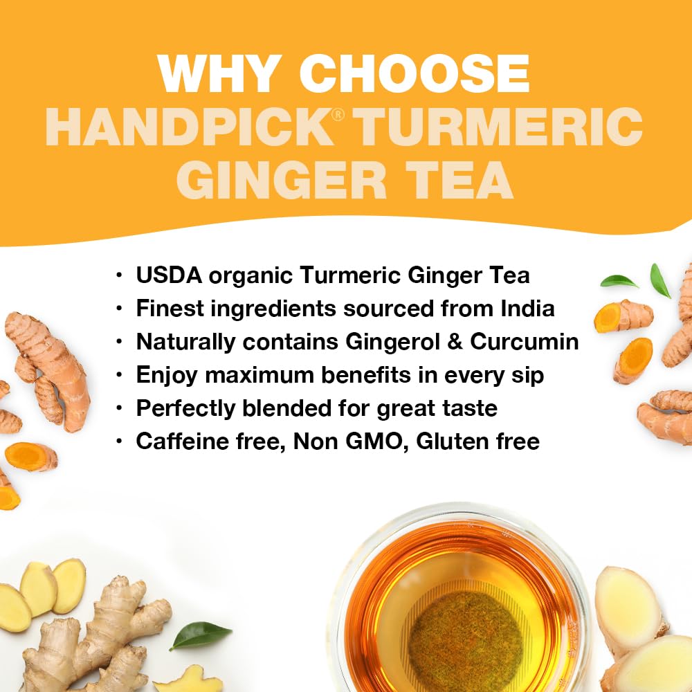 HANDPICK, Organic Turmeric Ginger Tea (100 Tea Bags) | Authentic Indian Origin | Caffeine Free, Gluten Free, Non-GMO | 100% Pure Herbal Blend - Savory & Spicy I Ecofriendly round tea bags