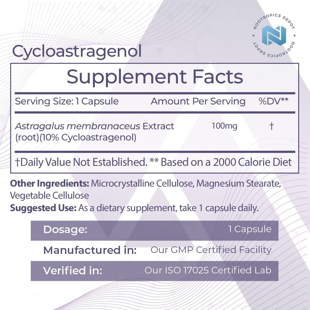 Nootropics Depot Cycloastragenol 10% Capsules | 100mg | 90 Count | Astragalus membranaceus | Cellular Health, Immune Support, Lengthens Telomeres