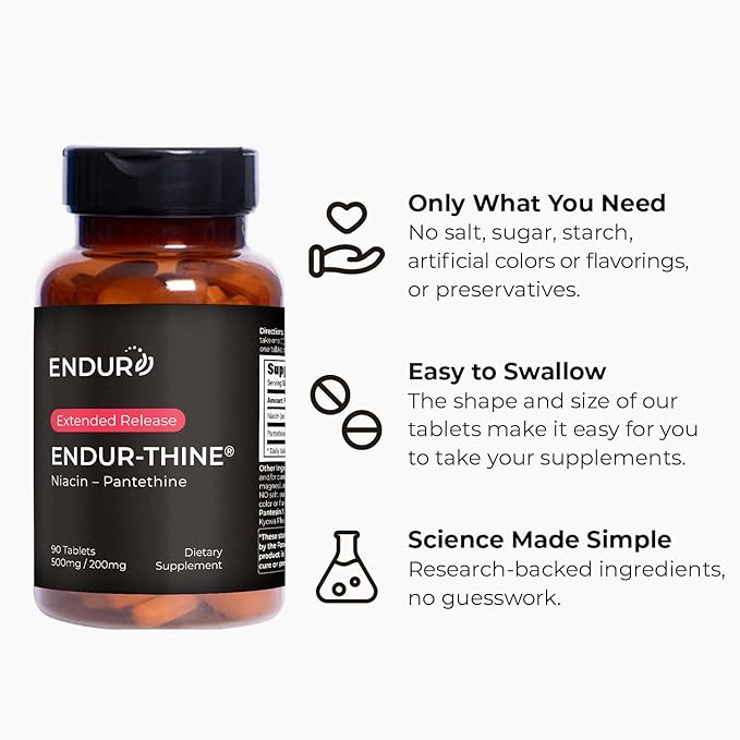 ENDUR-Thine Niacin – Pantethine, Heart & Liver Health Supplement, Efficient Formula for Optimal Absorption, Gluten Free, 500mg (90 Tablets)