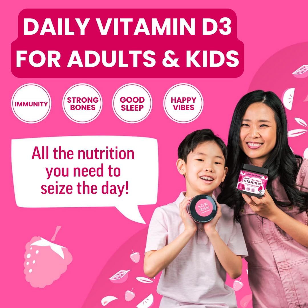 Llama Naturals Vitamin D3, Vegan, Organic Immune Support Supplement, Vitamin D Gummies for Adults and Kids, Real Fruit Gummy Vitamins, Promotes Bone Health, No Added Sugar Cane, Raspberry, 120 Ct