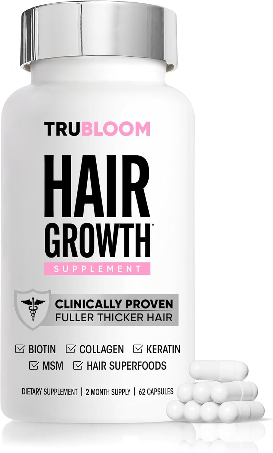 Tru Bloom Hair Growth Vitamins - 2 Month Supply. Clinically Proven to Grow Fuller, Thicker Hair. Drug-Free with Biotin, Collagen, Keratin, MSM, Zinc, D3 + Hair Superfoods