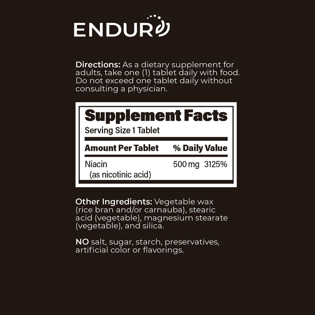 ENDUR-ACIN Niacin - Vitamin B3 Niacin 500mg Extended Release & Low-Flush, 100 Tablets - Supports Cholesterol Balance & Heart Health - Endurance Products