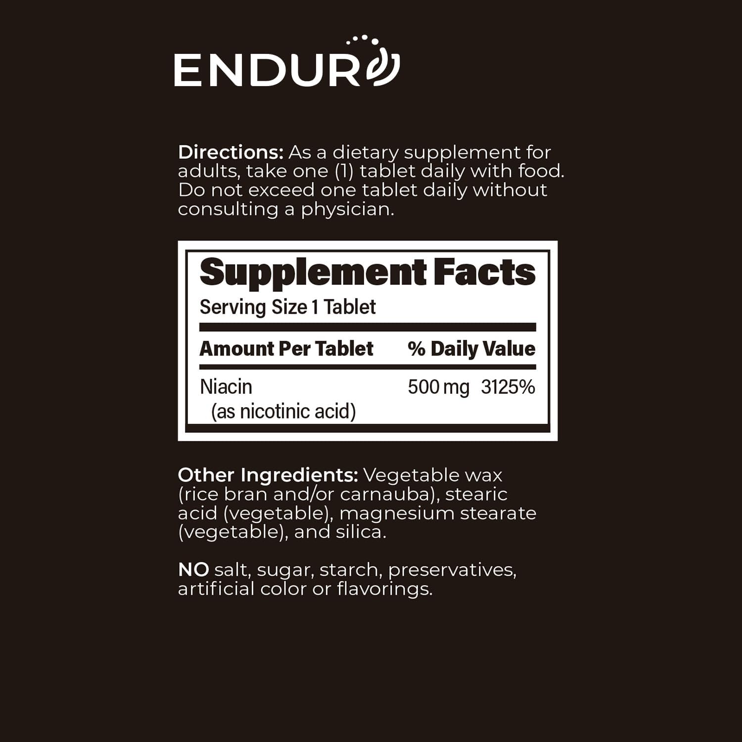 ENDUR-ACIN Niacin - Vitamin B3 Niacin 500mg Extended Release & Low-Flush, 100 Tablets - Supports Cholesterol Balance & Heart Health - Endurance Products