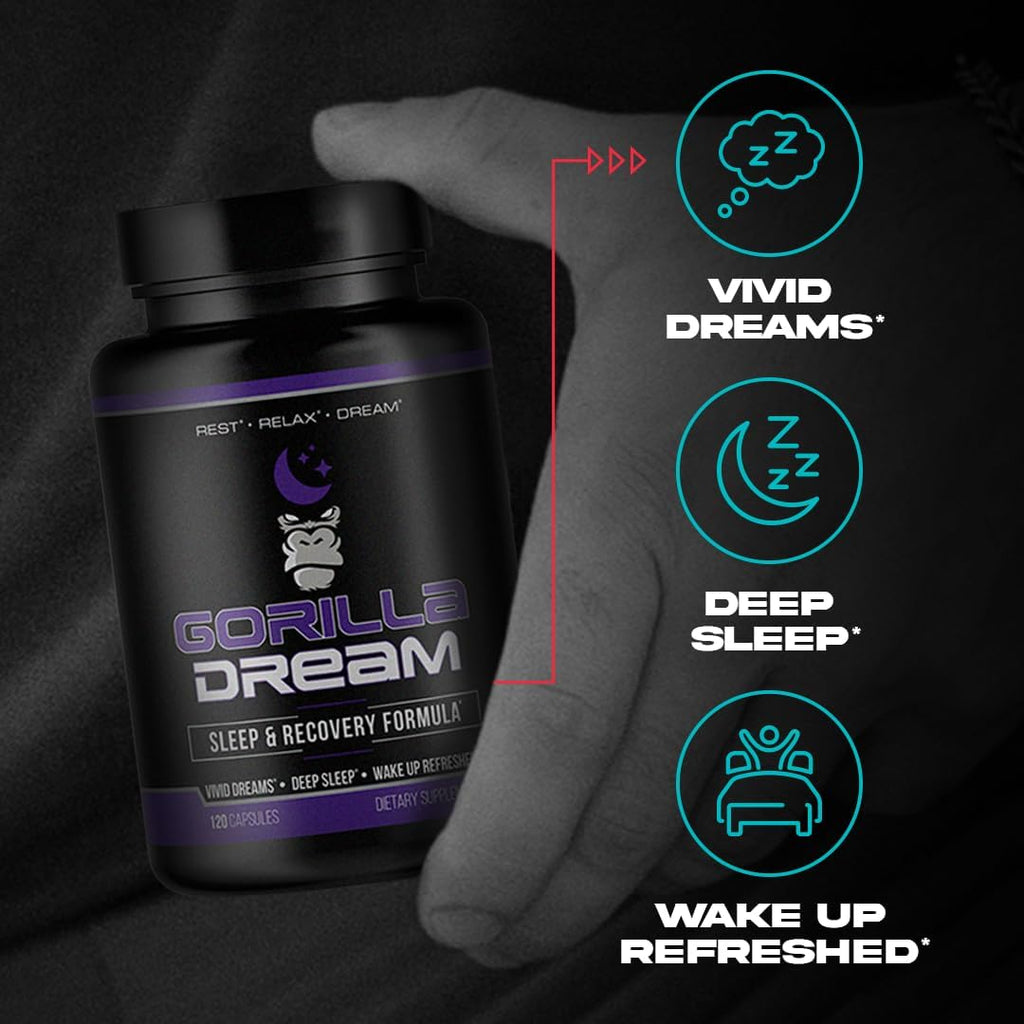 Gorilla Mind Dream Sleep Supplement (120 Capsules) - Nootropic Infused Comprehensive Sleep & Recovery Supplement - GABA, Melatonin, Valerian Root, Magnesium, L-Theanine, Sensoril, Ashwagandha & More
