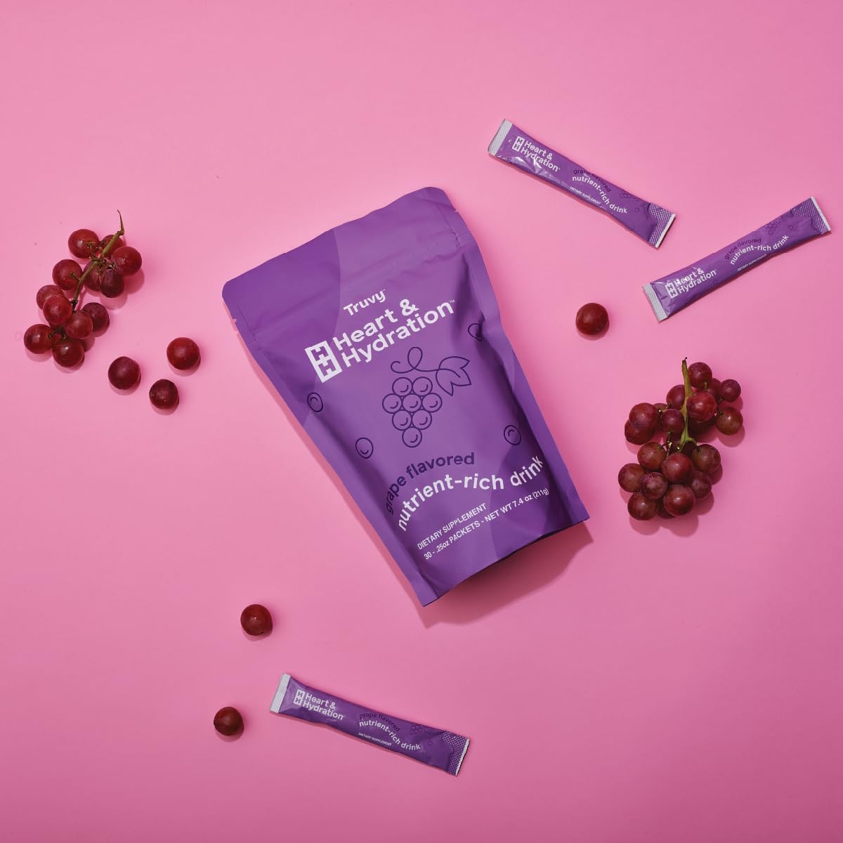 Truvy Heart & Hydration - Grape | 30 Stick Packs | Sugar-Free Super Drink Mix | Supports Hydration, Energy, and Heart Health | Infused with Electrolytes, CoQ10, Ginseng