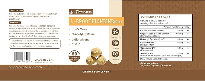 L-Ergothioneine (EGT) 30mg Supplement with Lion's Mane, NAC & Glutathione - Antioxidant for Cell Health, Cognitive & Immune Support, Healthy Aging - Non-GMO, Gluten Free, 120 Capsules (60 Servings)