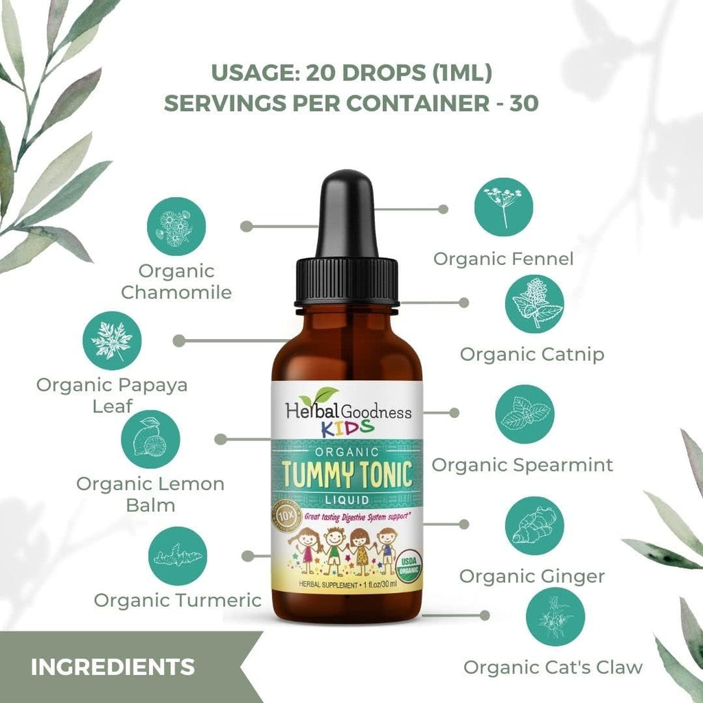 Kids Tummy Tonic Liquid Extract -100% Organic - Digestion Support Supplement for Children -Intestinal Health -Gut Health Supplement- Gluten Free -Vegan -1oz - Herbal Goodness (Pack of 12)