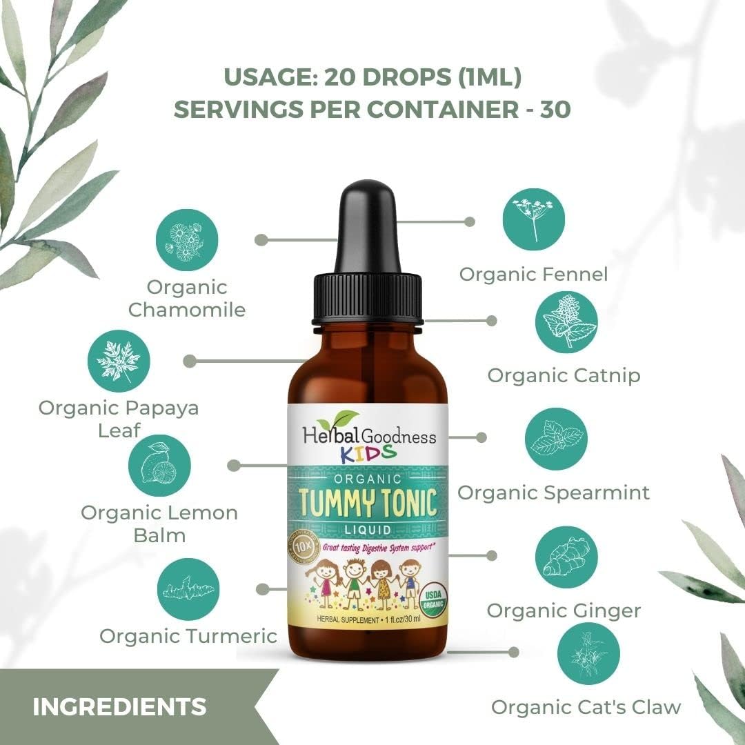 Kids Tummy Tonic Liquid Extract -100% Organic - Digestion Support Supplement for Children -Intestinal Health -Gut Health Supplement- Gluten Free -Vegan -1oz - Herbal Goodness (Pack of 12)