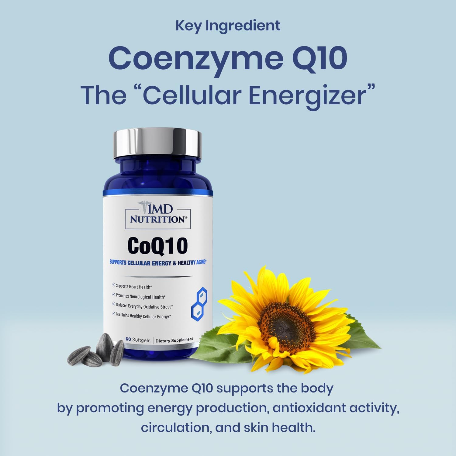 1MD Nutrition CoQ10 - for Heart Health & Cellular Energy Production - Health Supplement for Men & Women - Coenzyme Q10 Softgel - 60 Days