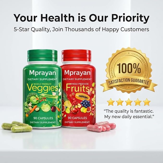 Fruits & Veggies Supplements - Whole Food Blended Vitamin & Mineral - 90 Fruit + 90 Vegetable Capsules - Daily Nutrition for Men & Women - 2 Pack