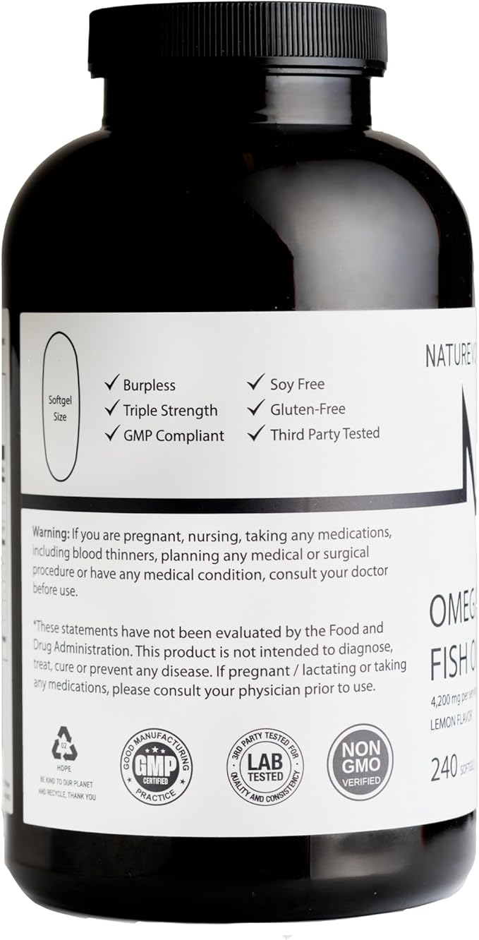 Triple Strength Omega-3 Fish Oil 4200mg – 1200mg EPA + 900mg DHA | High Potency Burpless Softgels | Wild-Caught Deep Ocean Fish Oil | Lemon Flavor - 240 Softgels