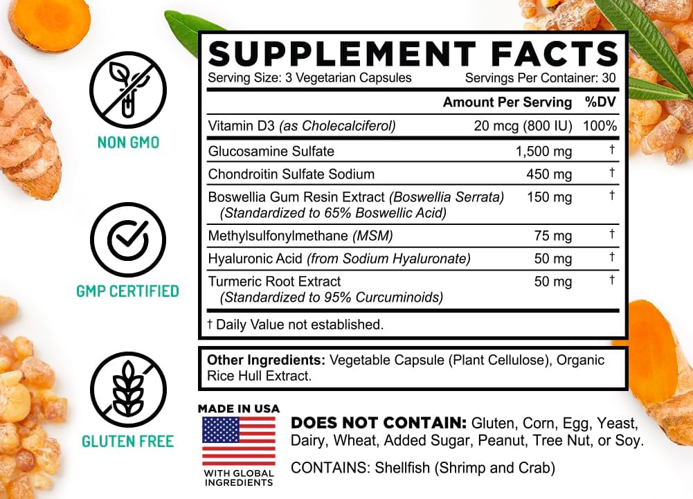 FarmHaven Glucosamine Chondroitin MSM with Boswellia, Turmeric| Added Hyaluronic Acid & Vitamin D3 | Promotes Joint & Muscle Health & Inflammation Response | Non-GMO & Gluten Free | 90 Capsules
