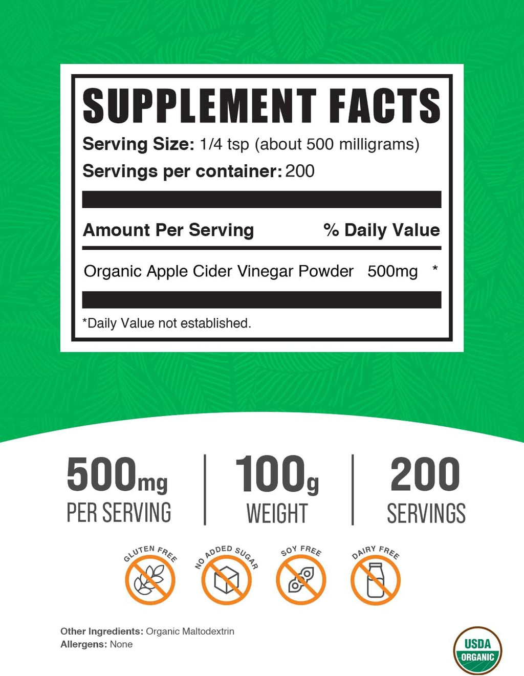 BulkSupplements.com Organic Apple Cider Vinegar Powder - Apple Cider Vinegar Supplement, ACV for Digestive Support - Vegan & Gluten Free, 500mg per Serving, 100g (3.5 oz) (Pack of 1)