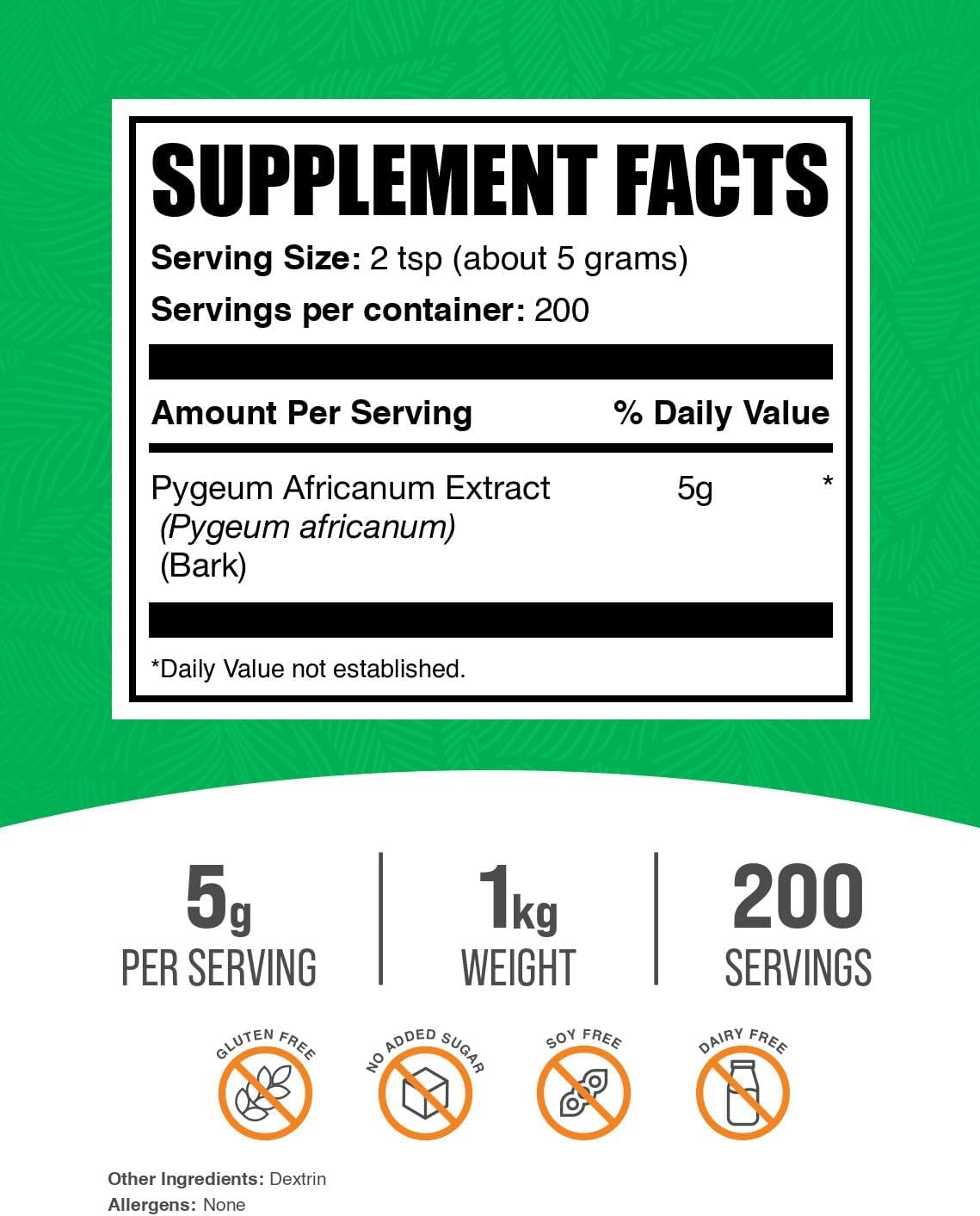 BulkSupplements.com Pygeum Africanum Extract Powder - from Pygeum Bark, Nutritional Supplement - Gluten Free - 5g per Serving, 1kg (2.2 lbs) (Pack of 1)