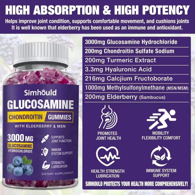 Glucosamine Chondroitin Gummies - 3000MG Extra Strength Joint Support Supplement with MSM & Elderberry, Flexibility, Antioxidant Immune Support Gummy for Adults, Men & Women